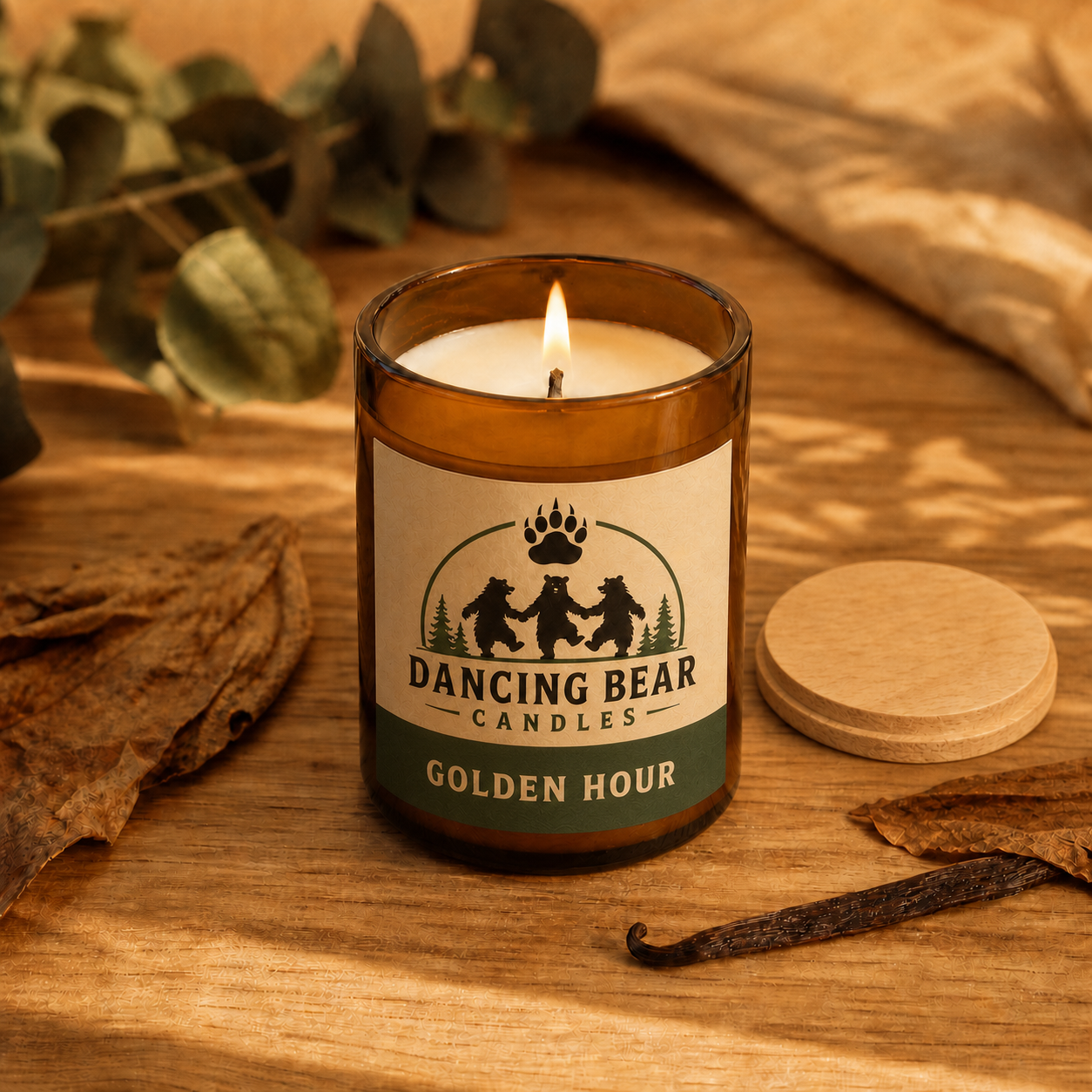 Golden Hour Dancing Bear soy candle with its wooden lid