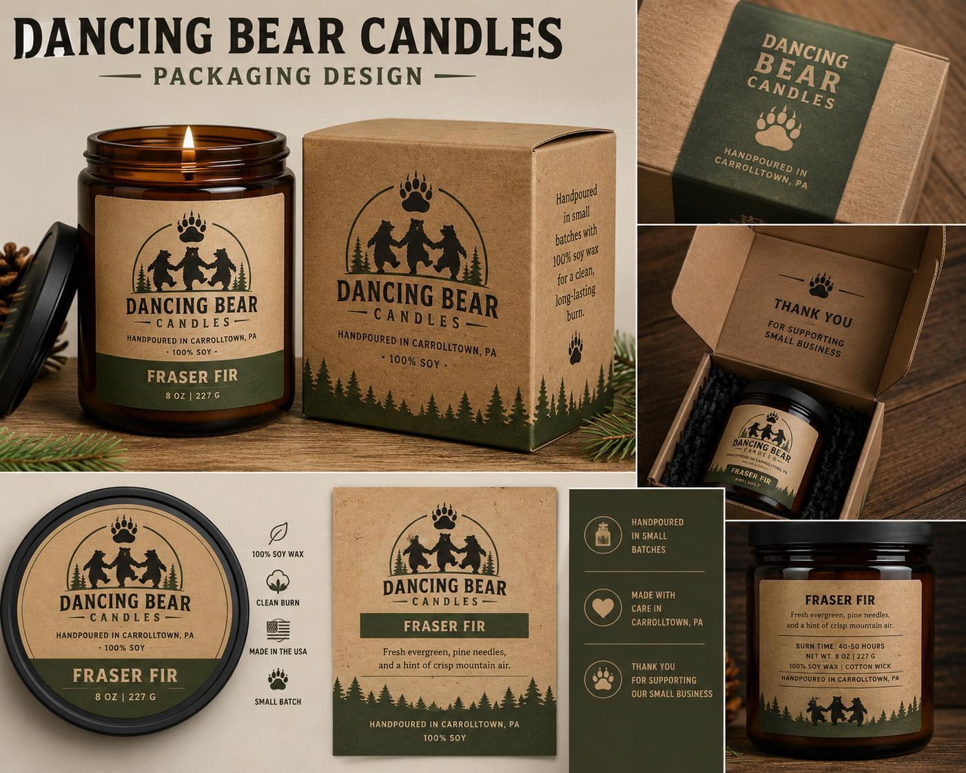 Dancing Bear Candles kraft box and packaging design